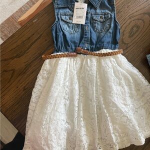 Sugar Denim and White Lace Kids Dress with Tan Belt